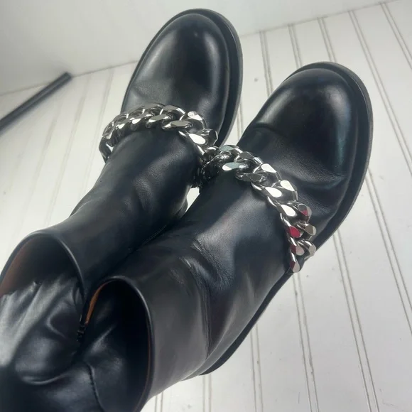 Givenchy Laura Black Chain Trimmed Leather Ankle Boots Womenโs Size 7-7.5 - Picture 10 of 12